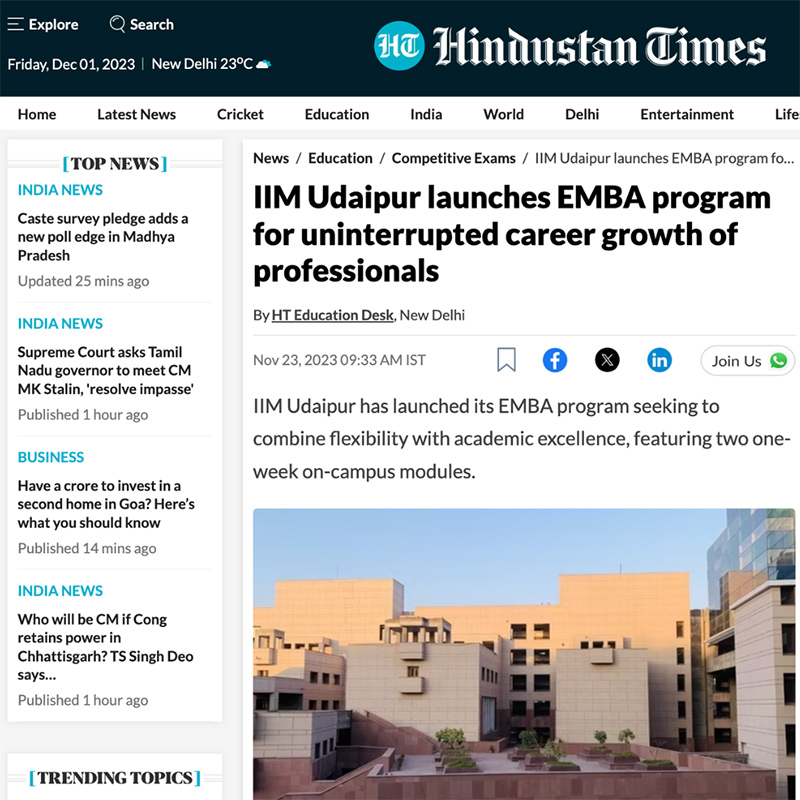IIM Udaipur Launches EMBA Program Offering Flexibility through Multiple-entry and Stage-wise Completion