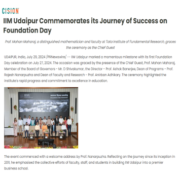 IIM Udaipur Commemorates its Journey of Success on Foundation Day