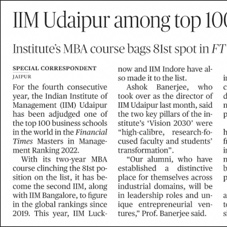 IIM Udaipur Features in FT Global Rankings for the Fourth Consecutive Year